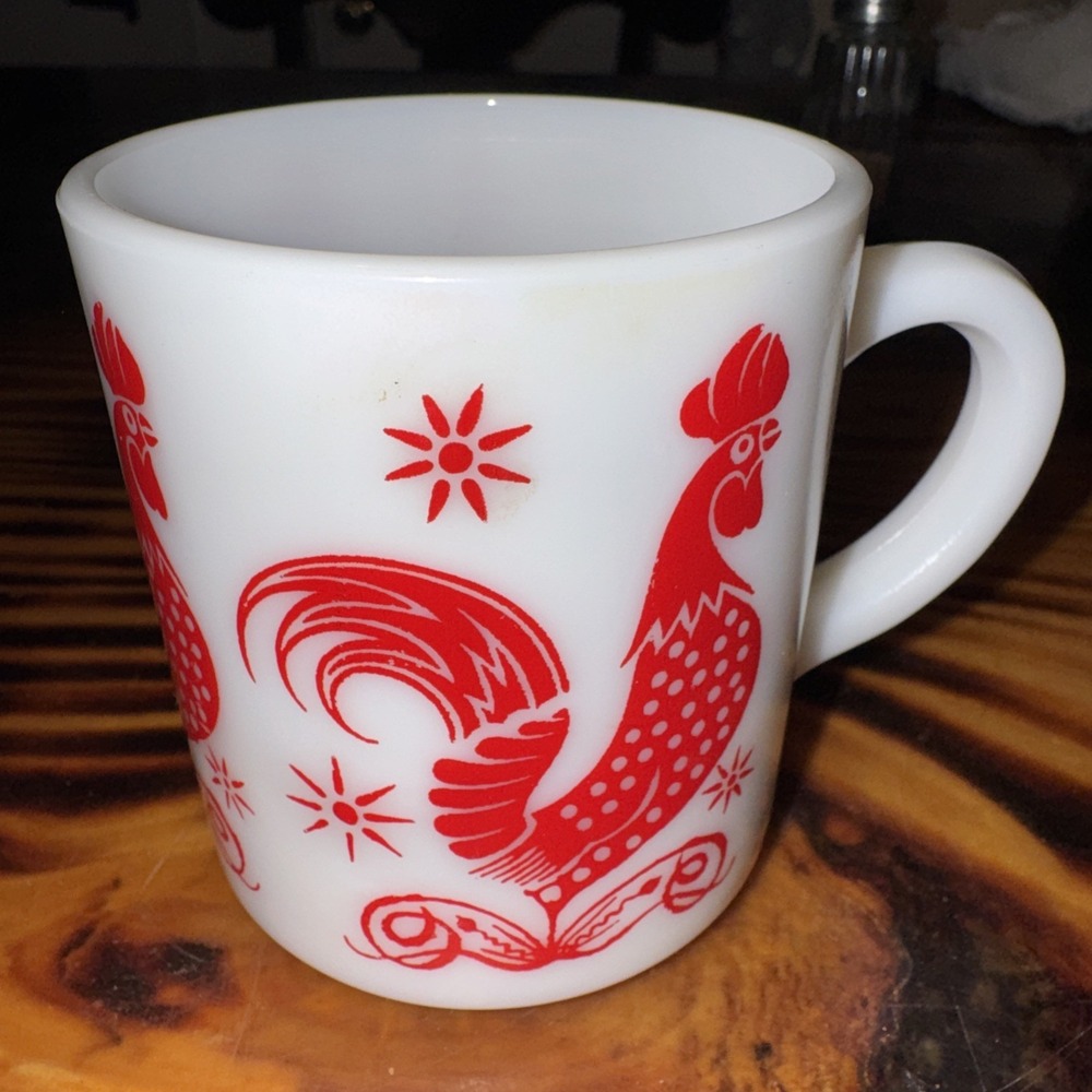 Hazel Atlas Platonite Milk Glass Red Rooster Chicken Mug Coffee Cup Vintage